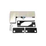Patch Fitting Hardware for tempered glass assemblies. Sidelite Mounted Transom Patch Fitting Hardware with Insert.  It work with patch hardware, patch lock, patch door closer, floor closer and floor spring. Included: Sidelite mounted transom patch housing Cover plate Dark gray asbestos-free gasket Transom patch top pivot insert.